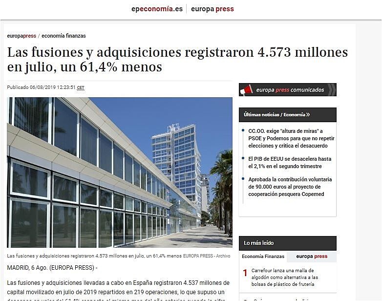 Las fusiones y adquisiciones registraron 4.573 millones en julio, un 61,4% menos